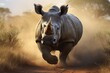 White rhinoceros Ceratotherium simum running in the savannah, rhino in the wild, AI Generated