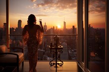 Beautiful woman with glass of champagne standing on a balcony at sunset, Rich woman rear view enjoy the sunset standing on the balcony at luxury apartments in New York City, AI Generated