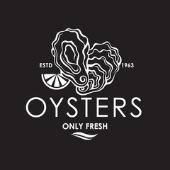 Wall Mural - label of fresh oyster shell and lemon isolated on black background