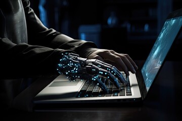 Canvas Print - Close up of robot hand working on laptop in dark office at night, Robot hand working on laptop computer in dark office 3D rendering, AI Generated