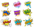 Snap speech bubbles. Comic suond effect sticker book superhero bubble, blast cloud with text boom omg pow wow crash zzz oops bang wtf yeah smash yes, cartoon neat png illustration