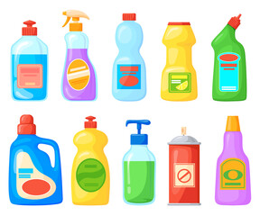 Cartoon detergent bottles. Cleaner product chemical cleanup bathroom toilet, home clean tool household soap bleach softener liquid cleanser for care kitchen washing