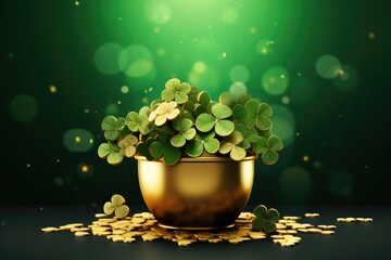 Golden pot with clover leaves on dark background. St. Patrick's Day concept. 3D Rendering, Saint Patrick's Day banner with black pot full of gold coins and shamrock leaves abstract, AI Generated