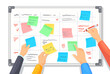Task whiteboard. Developer tracking progress, priority tasks list monte blank board on wall, organization schedule planning, scrum plan, team brainstorm, neat png illustration