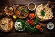 Traditional indian food with naan bread and vegetables on wooden background, Selection of traditional greek food, salad, meze, pie, fish, tzatziki, dolma on wood background, top view, AI Generated