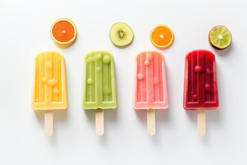 Poster - Fruit ice cream popsicles on white background, top view, Set of fruit popsicle, AI Generated