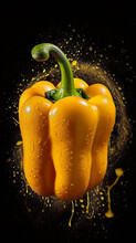 Colorful Yellow Pepper Splashing In Yellow Paint On Black Background. Generative AI