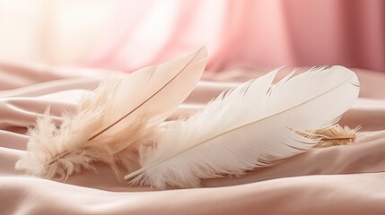 Wall Mural -  a close up of a white feather laying on a pink bed sheet with a pink curtain in the back ground.