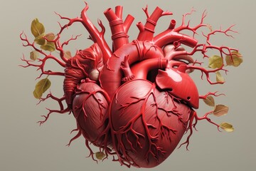 Wall Mural -  a model of a human heart with branches and leaves on the side of the heart, on a gray background.