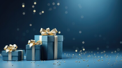 Wall Mural -  a blue gift box with a gold ribbon and a bow is sitting on a blue surface with confetti scattered around it.