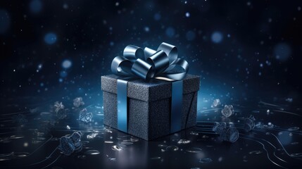 Wall Mural -  a black gift box with a blue ribbon and a bow on a dark background with snowflakes and stars.