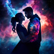 Illustration double exposition,couple,galaxie,amour éternel 