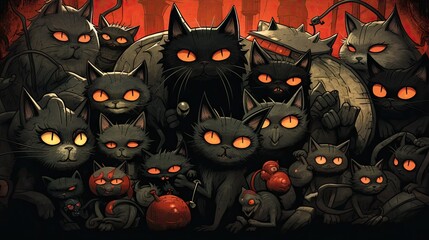 Wall Mural -  a group of cats standing next to each other in front of a red wall with glowing eyes and glowing eyes.