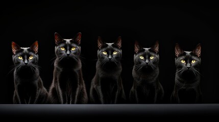 Canvas Print -  a group of black cats sitting next to each other in front of a black background with yellow eyes and yellow eyes.