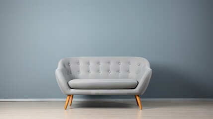 Poster -  a white couch sitting on top of a hard wood floor in front of a blue wall with a wooden frame.