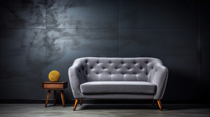 Poster -  a grey couch sitting next to a table with a yellow vase on top of it and a black wall behind it.