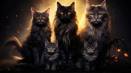  a group of cats sitting next to each other on top of a wooden floor in front of a dark background.