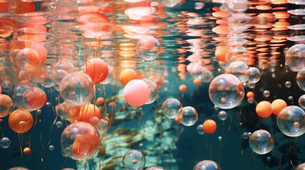 Wall Mural - A close-up of balloons reflecting in crystal-clear water, creating a surreal and magical effect.