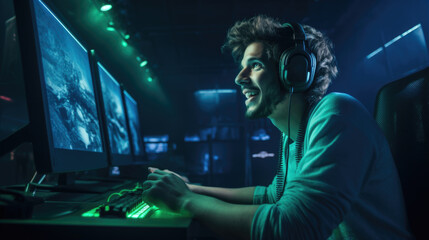 Happy professional male gamer playing video games on personal computer wearing gaming headset