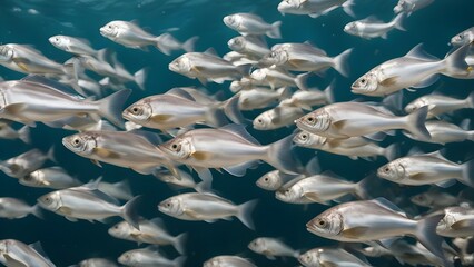 Canvas Print - fish in aquarium A large school of fish swim in circles in the ocean, with some sunlight streaming through the water. 