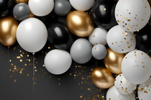 Black White & Gold Balloons On A Grey Background, In The Style Of High Detailed, White And Brown