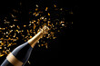 © All Creative Lines - Bottle surrounded by falling confetti. Celebration with champagne drink. Christmas, New Year, birthday or wedding event.