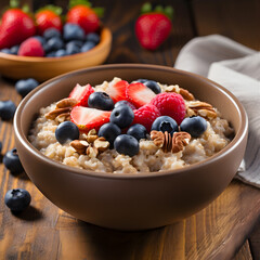 Wall Mural - Oatmeal with berries in a bowl on a wooden background. AI Generative
