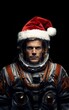 © AI Studio - Close up of an astronaut with a Santa hat on his head isolated on a black background.