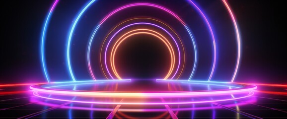 Futuristc multicoloured neon loop lights, empty stage background concept. 3D illustration.