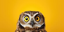 Surprise Portrait Of Owl On Yellow Background. Сoncept Nature-Inspired Portraits, Dynamic Poses, Serene Landscapes, Artistic Silhouettes, Dramatic Lighting