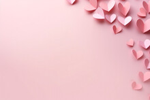 Valentines Day Background. Pink Paper Hearts On Pink Backdrop. High Quality Photo