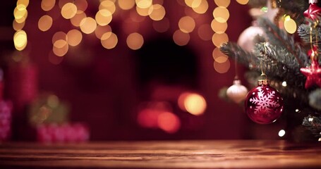 Wall Mural - christmas tree with a beautiful ball with a snowflake and gifts near the fireplace with lights