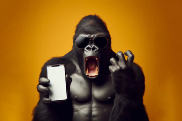 Shocked gorilla in sunglasses holding smartphone with white mockup screen on solid color background. ai generative