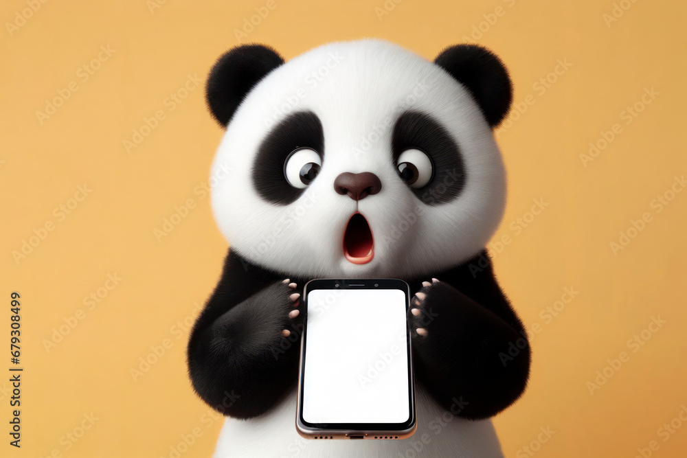 Shocked panda holding smartphone with white mockup screen on solid ...