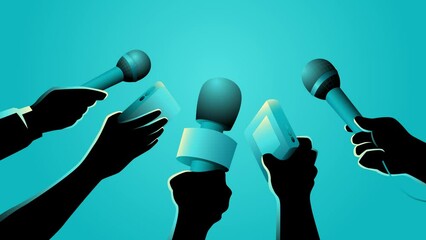 Wall Mural - Motion graphics featuring hands holding microphones and recorders, symbolizing the journalism, conveying the energy of news reporting, podcasting, and media coverage