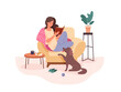© ssstocker - Woman with book in armchair. Rest in cozy sofa apartament, women hobby study read books, comfort home relax, png illustration