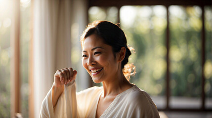 Happy smiling middle aged woman in calm environment, doing stretching, yoga or tai chi exercises, physical and mental health concept, wellness outdoors, space for text
