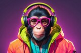 Illustration of Fantasy character with monkey head in Stylish glasses and headphones wearing Neon Jacket listening to music against color background. Ai Generative Art