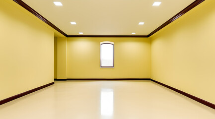 Sticker - Minimalist room with bright yellow walls and wooden floor. Great space for a product placement. 