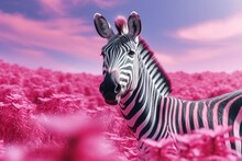 Zebra In A Field Of Pink Flowers. 3d Illustration.