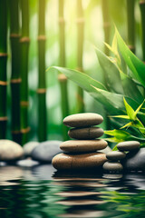 Stream stones and bamboo shoots feng shui spa. Generative AI,