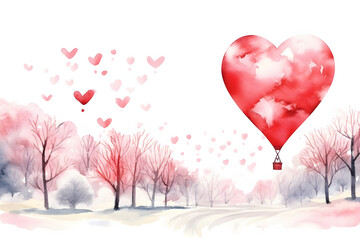 Heart shape  hot air balloon in watercolor style. Valentine's Day background.	