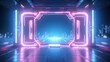 Abstract futuristic background, pink blue neon lights gate with 3D glowing reflected in water, sci fi render illustration.