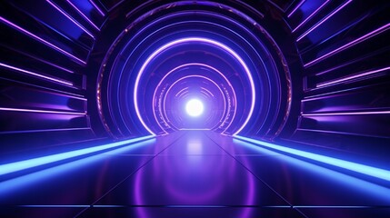 Wall Mural - Infinity flight inside tunnel, neon light abstract background, round arcade, portal, rings, circles, virtual reality, ultraviolet spectrum, laser show, metal floor reflection. 3d illustration