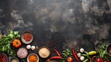 Asian Food Background With Various Ingredients On Rustic Stone Background , Top View. Vietnam And Thai Cuisine.