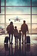 A family stands at the airport and watches a plane take off. Generative AI,