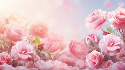 Wall Mural - Mysterious fairy tale spring floral wide panoramic banner with fabulous blooming pink rose flowers summer fantasy garden on blurred sunny bright shiny glowing background and copy space
