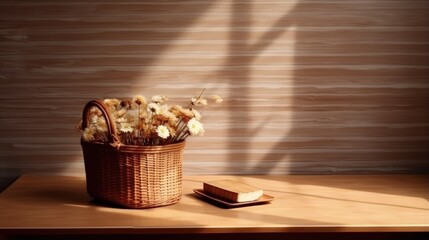 Poster - Wooden table of free space and wall with shadows. Brown picnic basket and fresh flowers