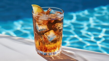 Poster - Summer on the pool and iced tea photo on table with ice and free space for your decoration