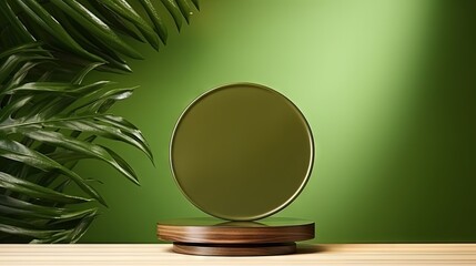 Leinwandbilder - Cosmetics product advertising stand. Exhibition wooden podium on green background with palm leaves and shadows. Empty pedestal to display product packaging. Mockup